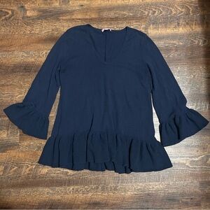 LILLY PULITZER Adela Sweater True Navy Blue 3/4 Ruffle Sleeve V-Neck Size L